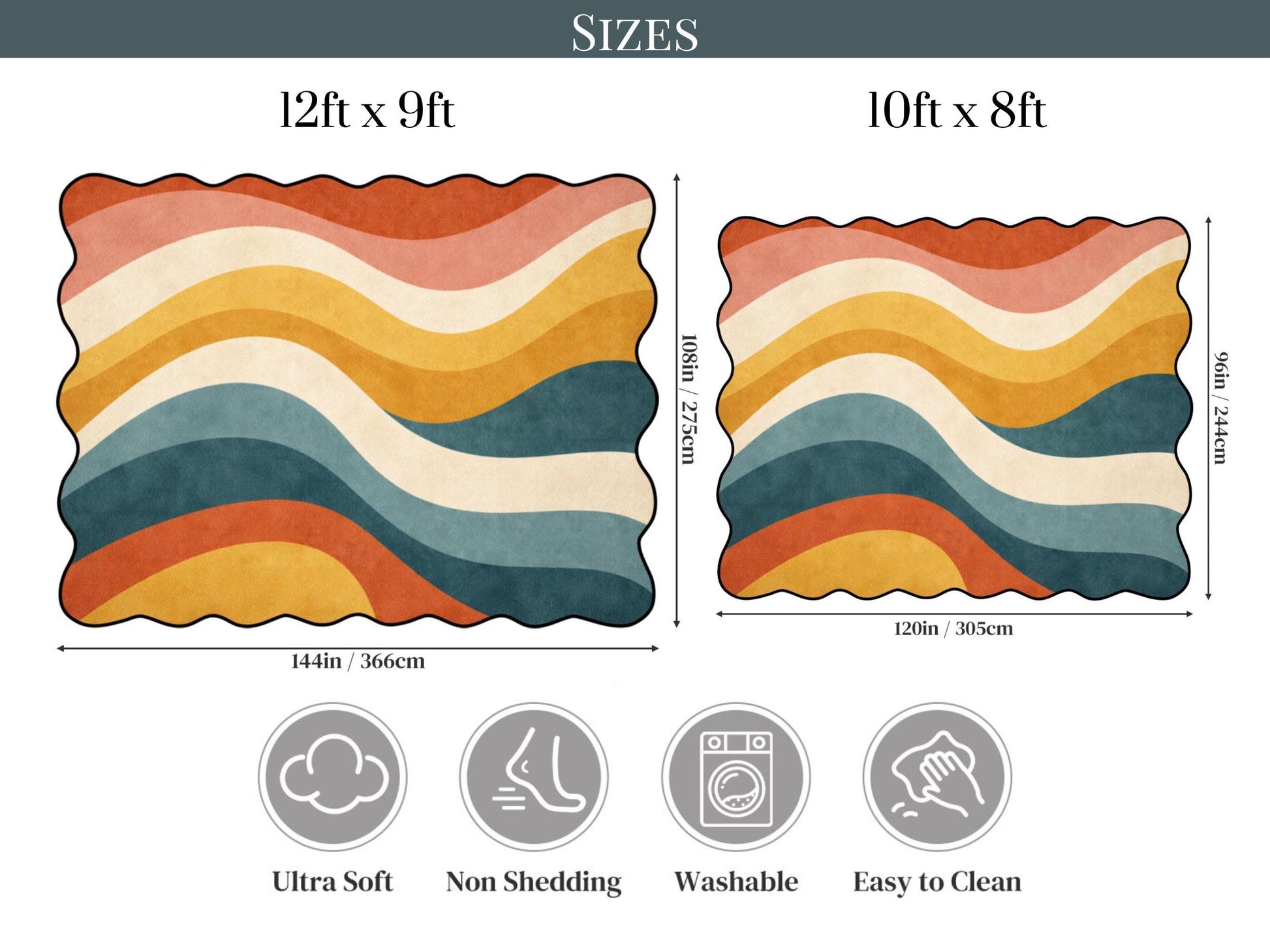 Mid Century Modern Scalloped Rug Retro Wave Area Rug Organic Abstract Color Block Rug Modern Living Room Statement Rug Wavy Stripe MCM Rug