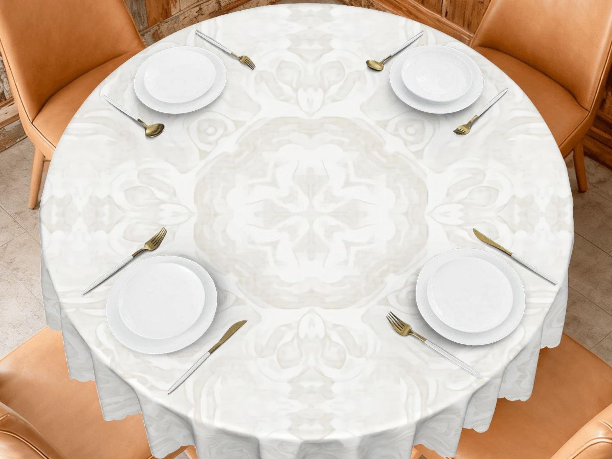Tablecloth Round 60in Ivory With Scalloped Edge Lace Affect Details For Dining Room Spill-Proof Spring Washable Fabric Table Cloth Dinner