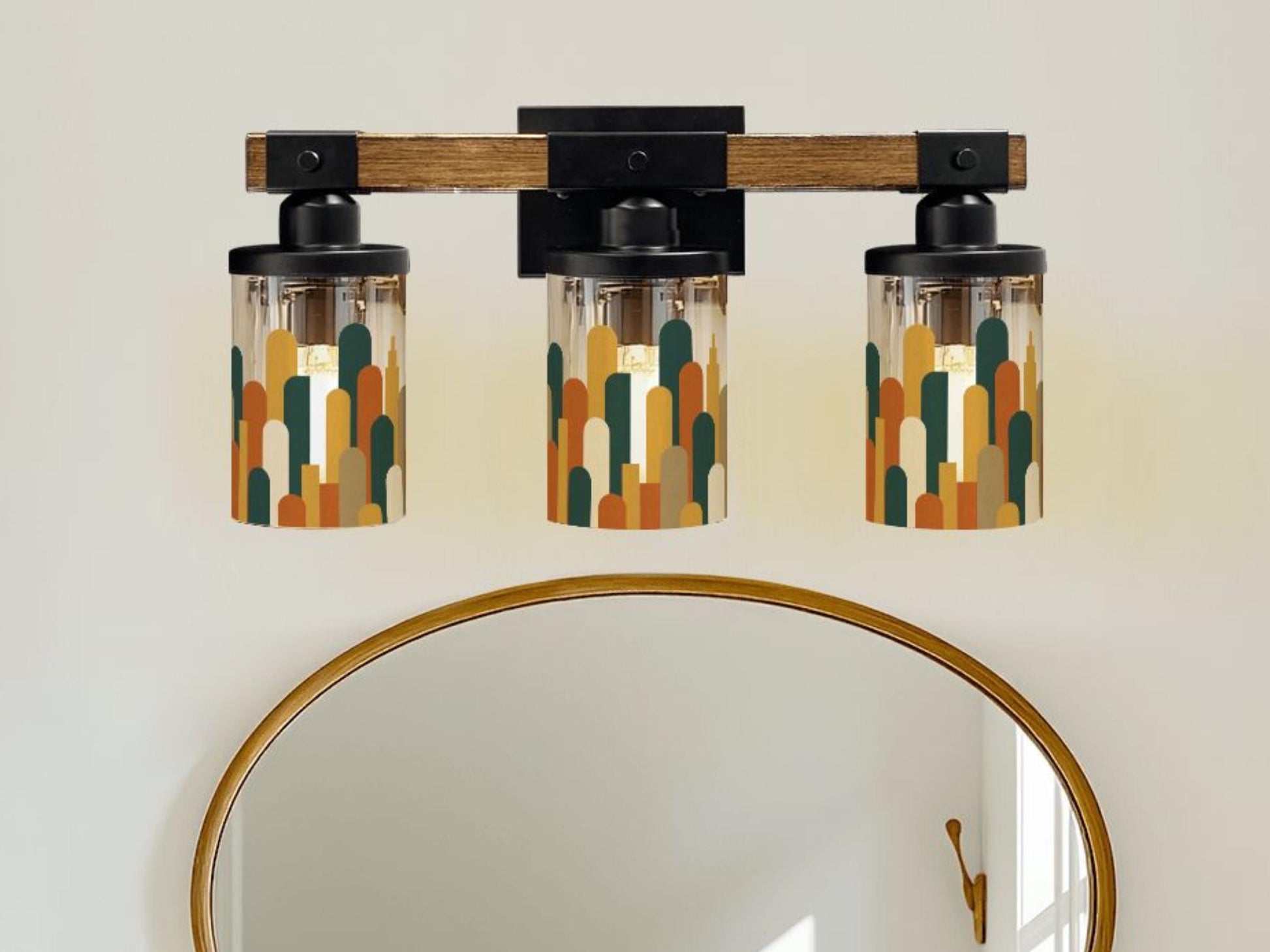 Luxury Bathroom Lighting MCM Vanity Light Fixture 3-Light Decorative Metal & Glass Restroom Light Midcentury Modern City Skyline Sink Decor