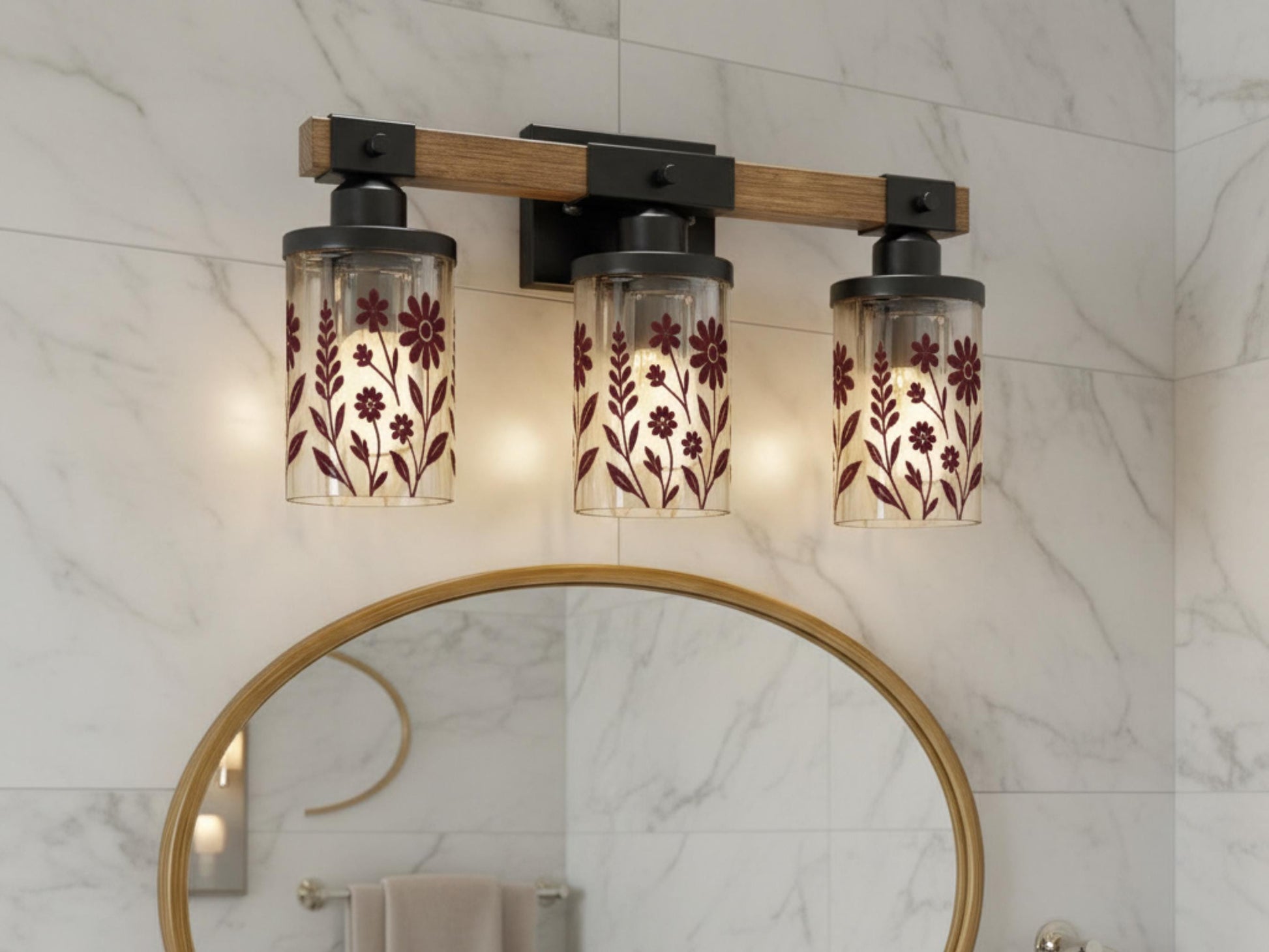 Luxury Bathroom Lighting Modern Vanity Light Fixture 3-Light Decorative Metal and Glass Restroom Light Red Merlot Wildflower Over Sink Decor
