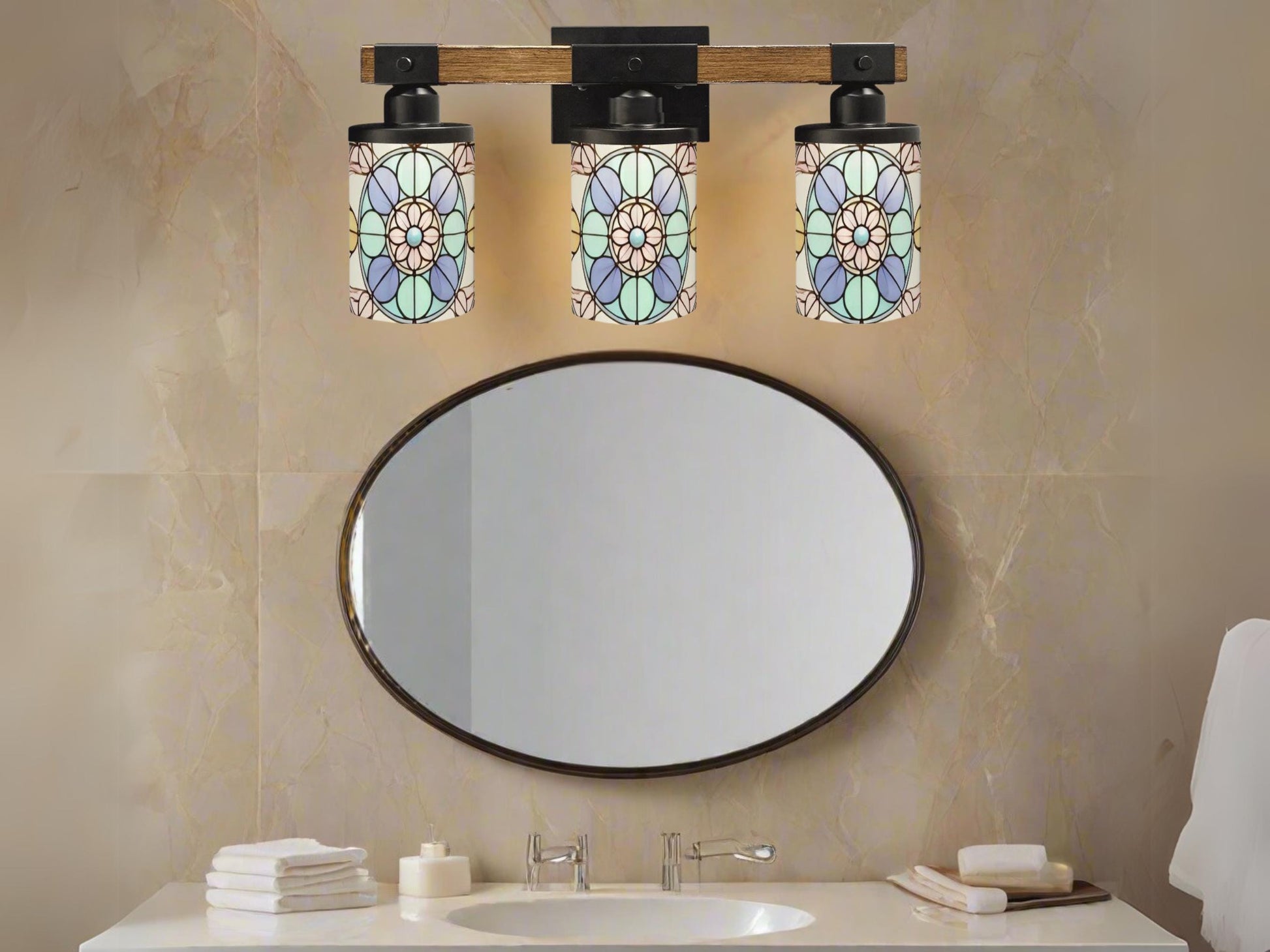 Stained Glass Affect Luxury Bathroom Lighting 3 Light Vanity Light Fixture Modern Pattern Metal and Glass Restroom Light Over Sink Decor