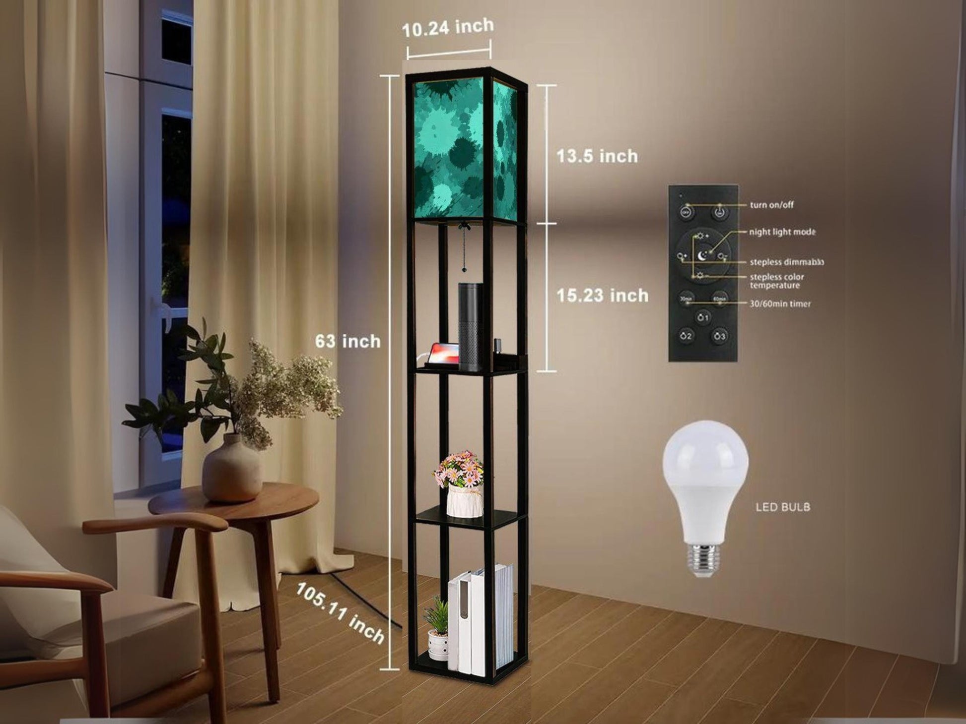 Floor Lamp Wooden Shelves Teal USB Floor Lamp Living Room Lighting Made in USA Floor Lamp With 3 Shelves Bedroom Lighting for Living Room