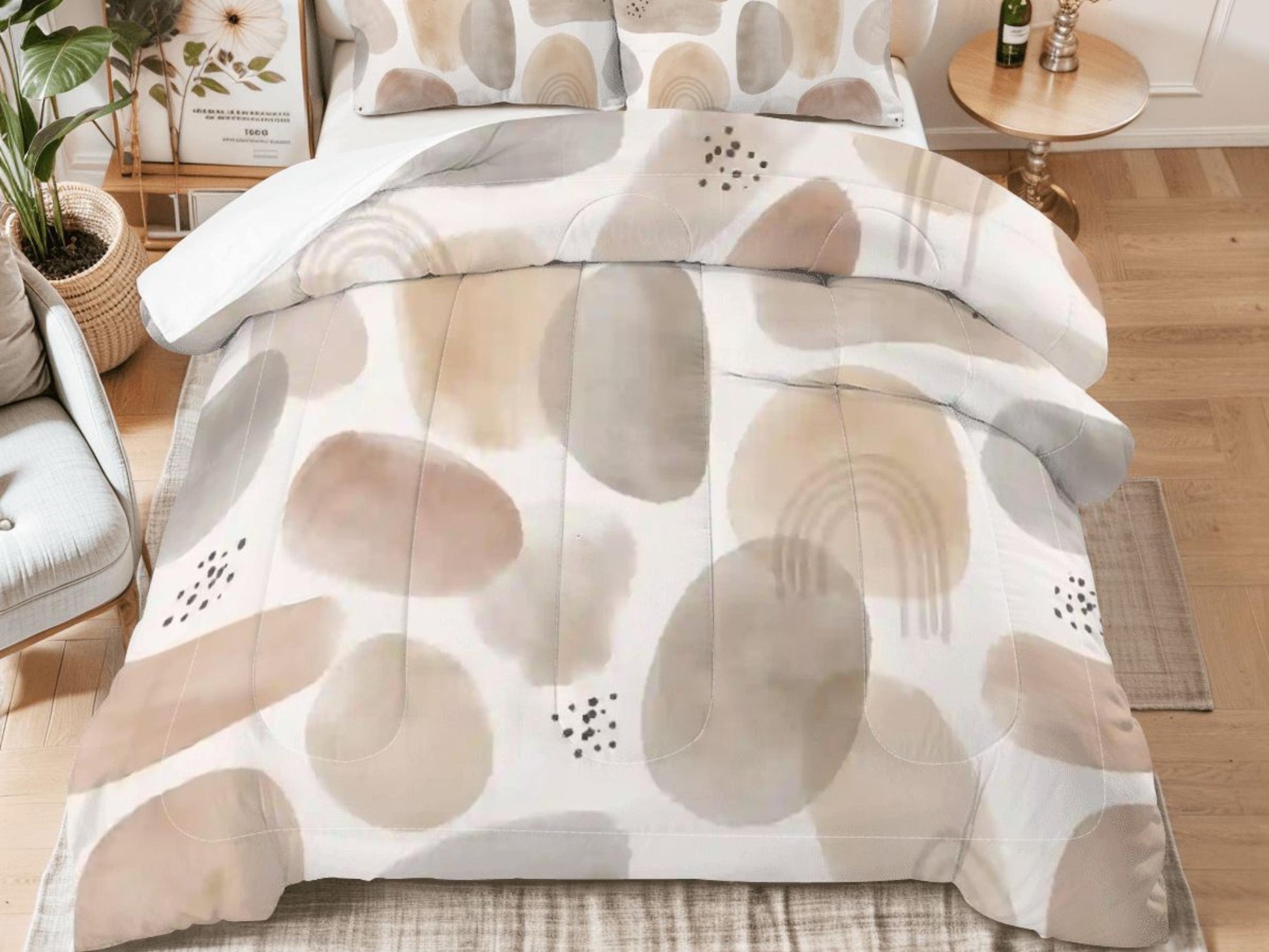 Comforter Set Neutral Organic Abstract Modern Minimal Bedding Cream Taupe Boho Bed Set Scandi Bedroom Decor King Queen Full Twin Pillowcase