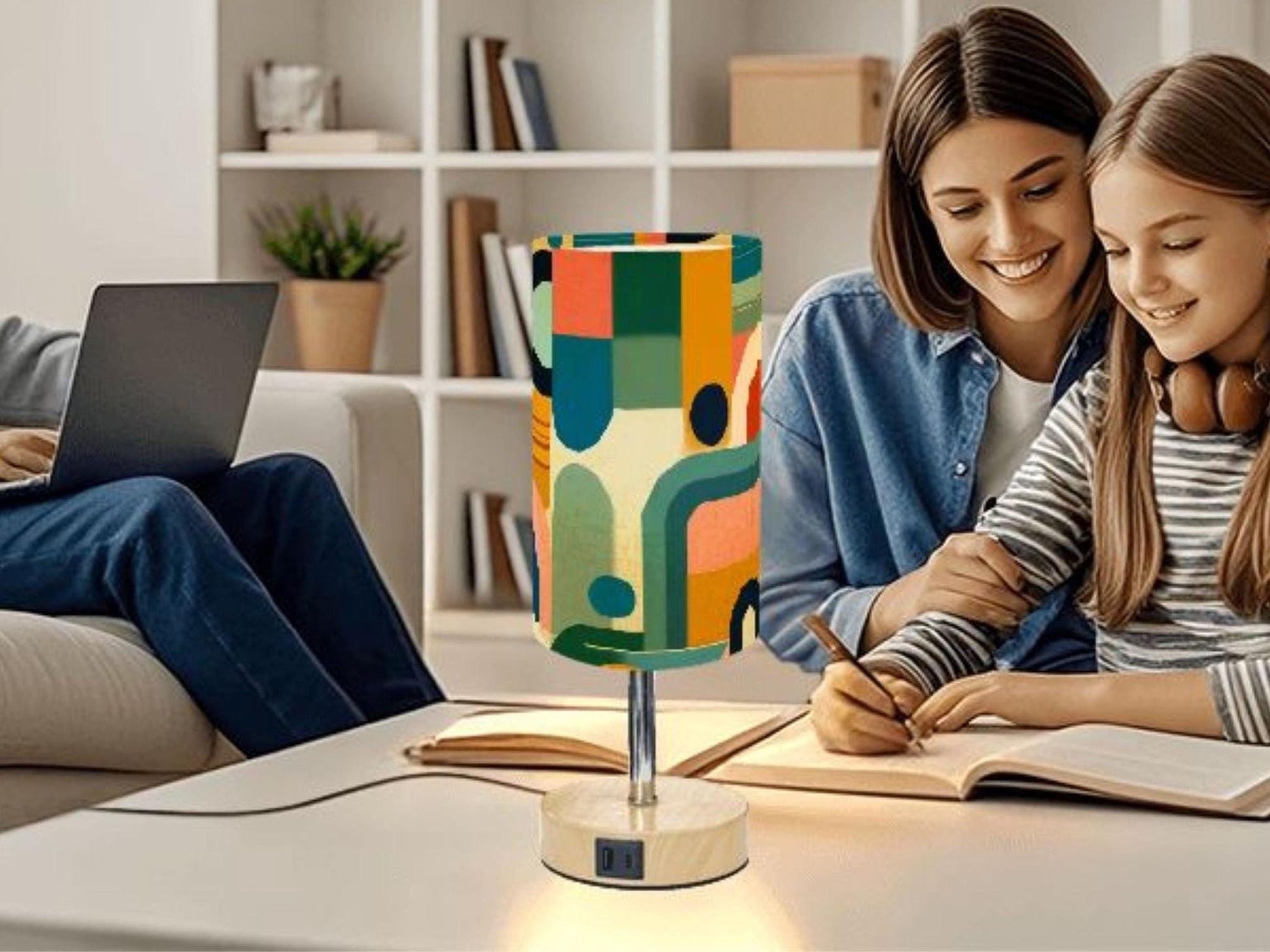 Table Lamp Touch Activated On Off Midcentury Modern Orange Lamp With USB Small Desk Lamp For Office Wood Desk Lamp Lighting for Living Room