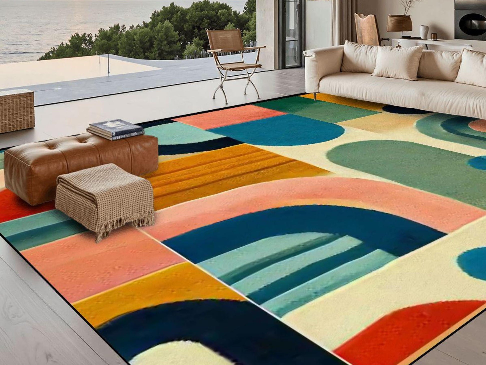 Large Area Rug Custom Size Midcentury Modern Living Room Rug Indoor MCM Design Carpet 96in x 120in Family Room Mid Mod Rug Soft Short Pile