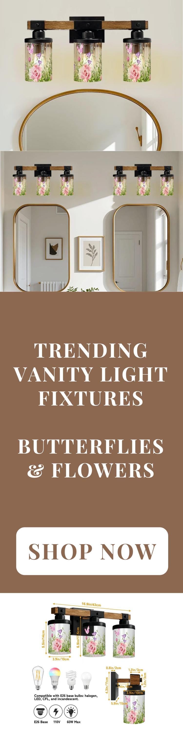 Bathroom Lighting Farmhouse Vanity Light Fixture Butterfly and Floral 3-Light Luxury Bathroom Metal and Glass Restroom Light Over Sink Decor