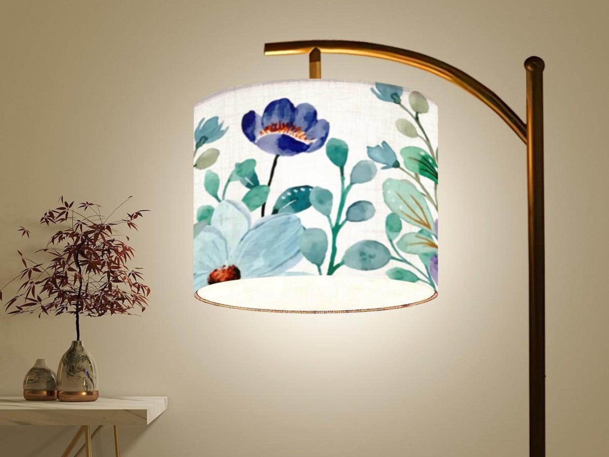 Arc Floor Lamp Modern Watercolor Blue Floral Living Room Lamp Gift Housewarming Gift Wildflower Design Bedroom Lighting Floor Lamp Gift Idea