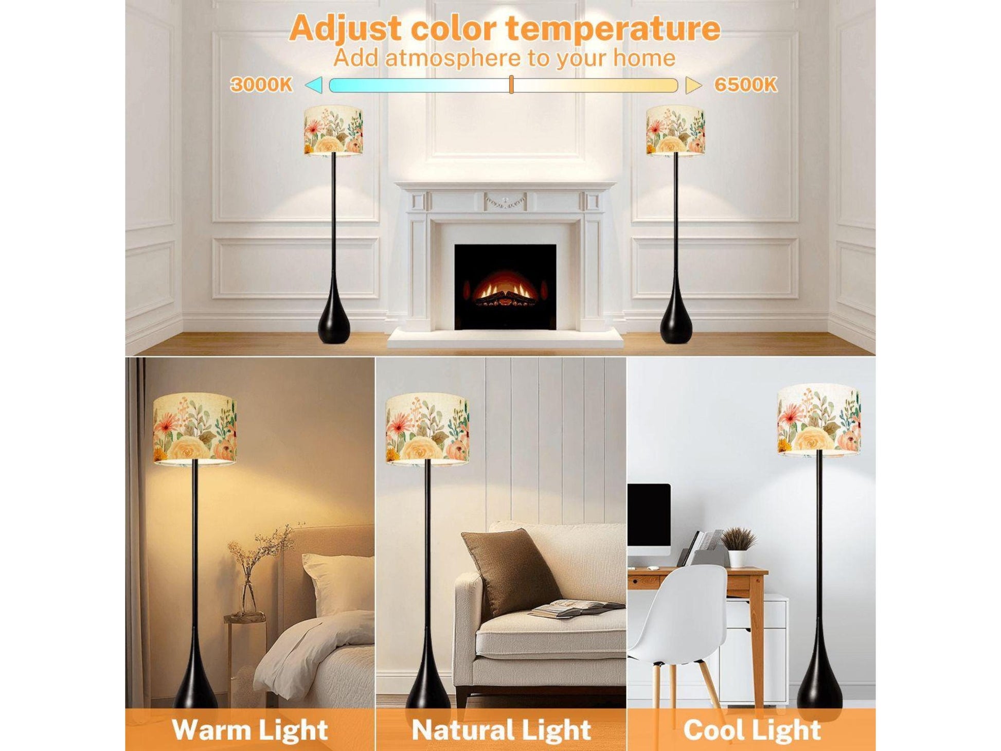 Floor Lamp Remote Control Boho Flower Teardrop Living Room Lamp Gift Housewarming Present Idea Watercolor Design Bedroom Lighting Floor Lamp