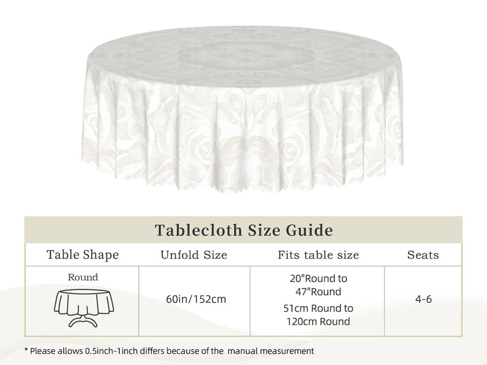 Tablecloth Round 60in Ivory With Scalloped Edge Lace Affect Details For Dining Room Spill-Proof Spring Washable Fabric Table Cloth Dinner