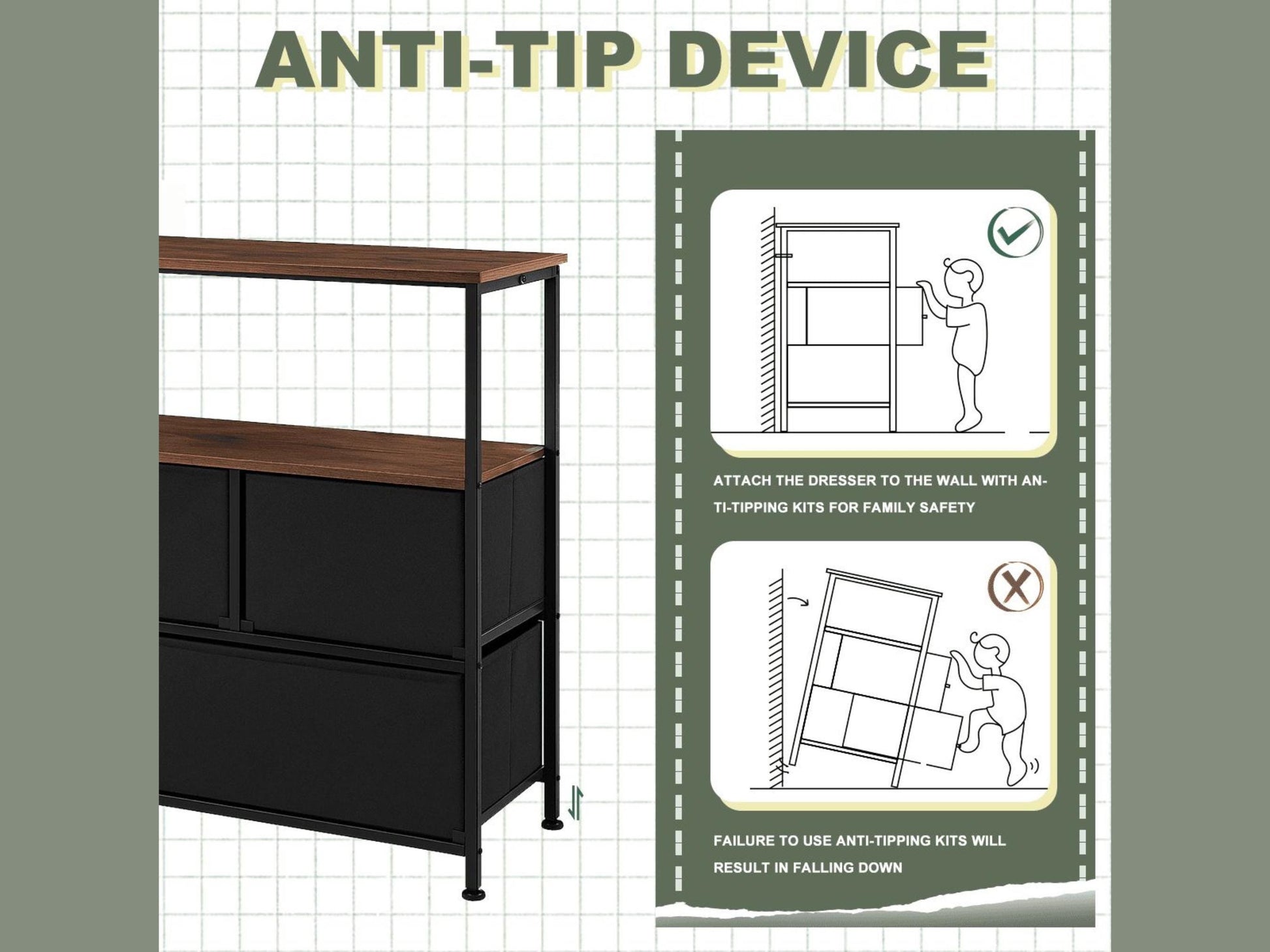 The image is an advertisement for an anti-tip device, which is a black metal shelf with a wooden top. The device is designed to prevent the shelf from tipping over, ensuring safety for people and objects placed on it.