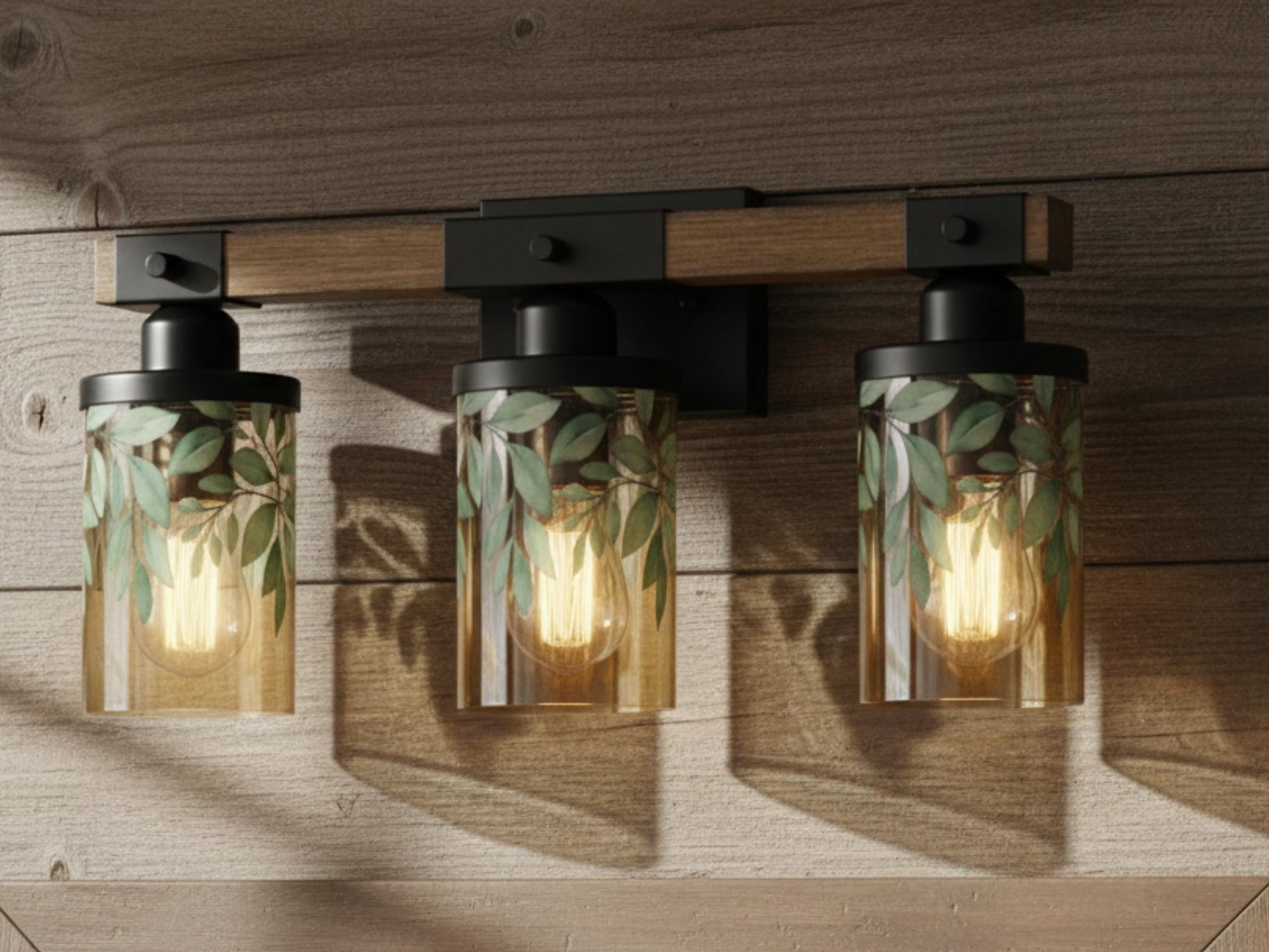 Luxury Bathroom Lighting Botanical Vanity Light Fixture 3-Light Decorative Metal & Glass Restroom Lights Green Leaves Light Over Sink Decor