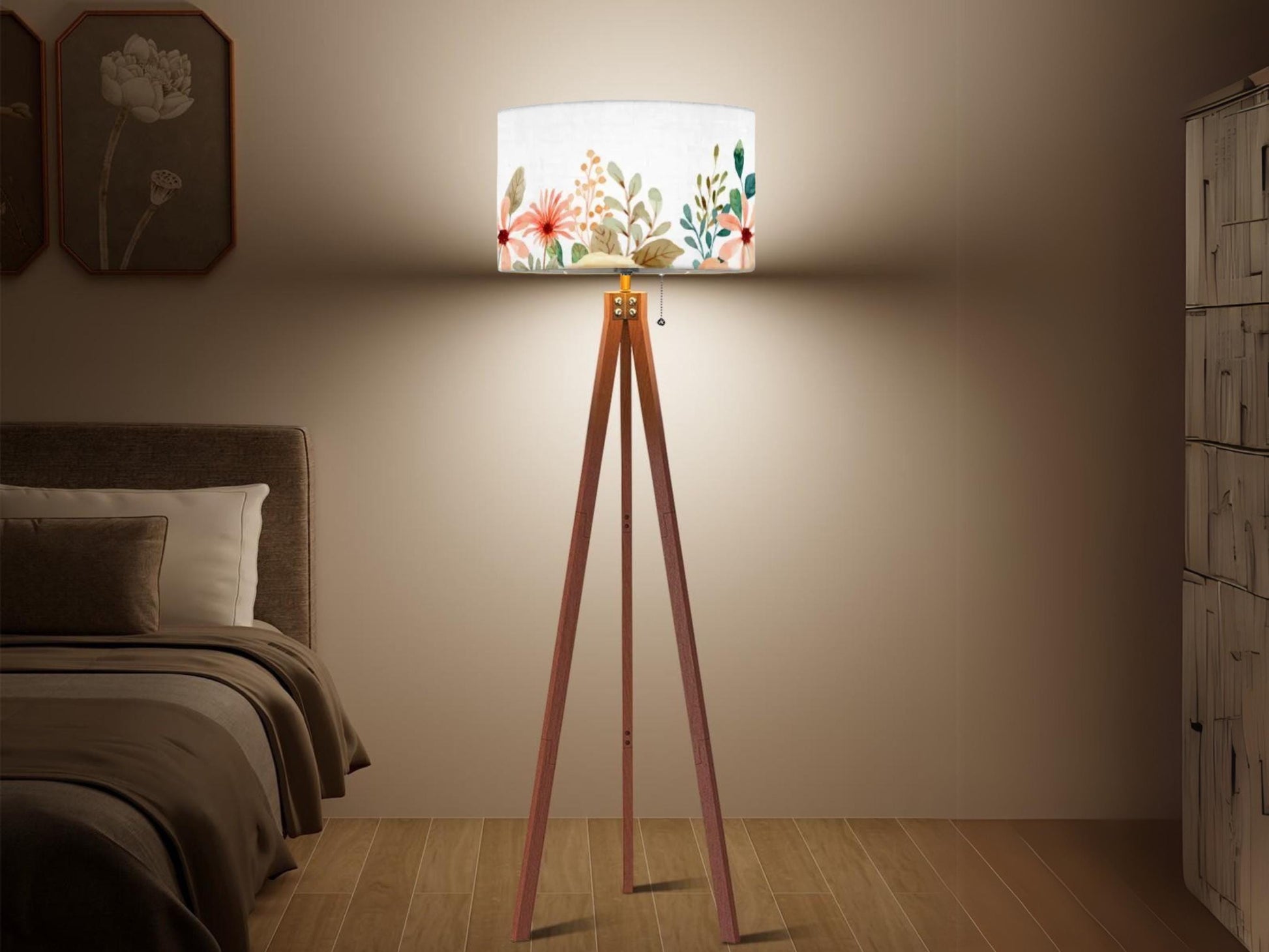 Floor Lamp Floral Tall Lamp Solid Wood Round Linen Shade Watercolor Floral Tall Lamp Housewarming Gift Living Room Lighting Decor Lamp