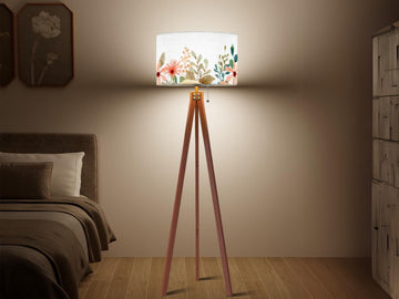 Floor Lamp Floral Tall Lamp Solid Wood Round Linen Shade Watercolor Floral Tall Lamp Housewarming Gift Living Room Lighting Decor Lamp
