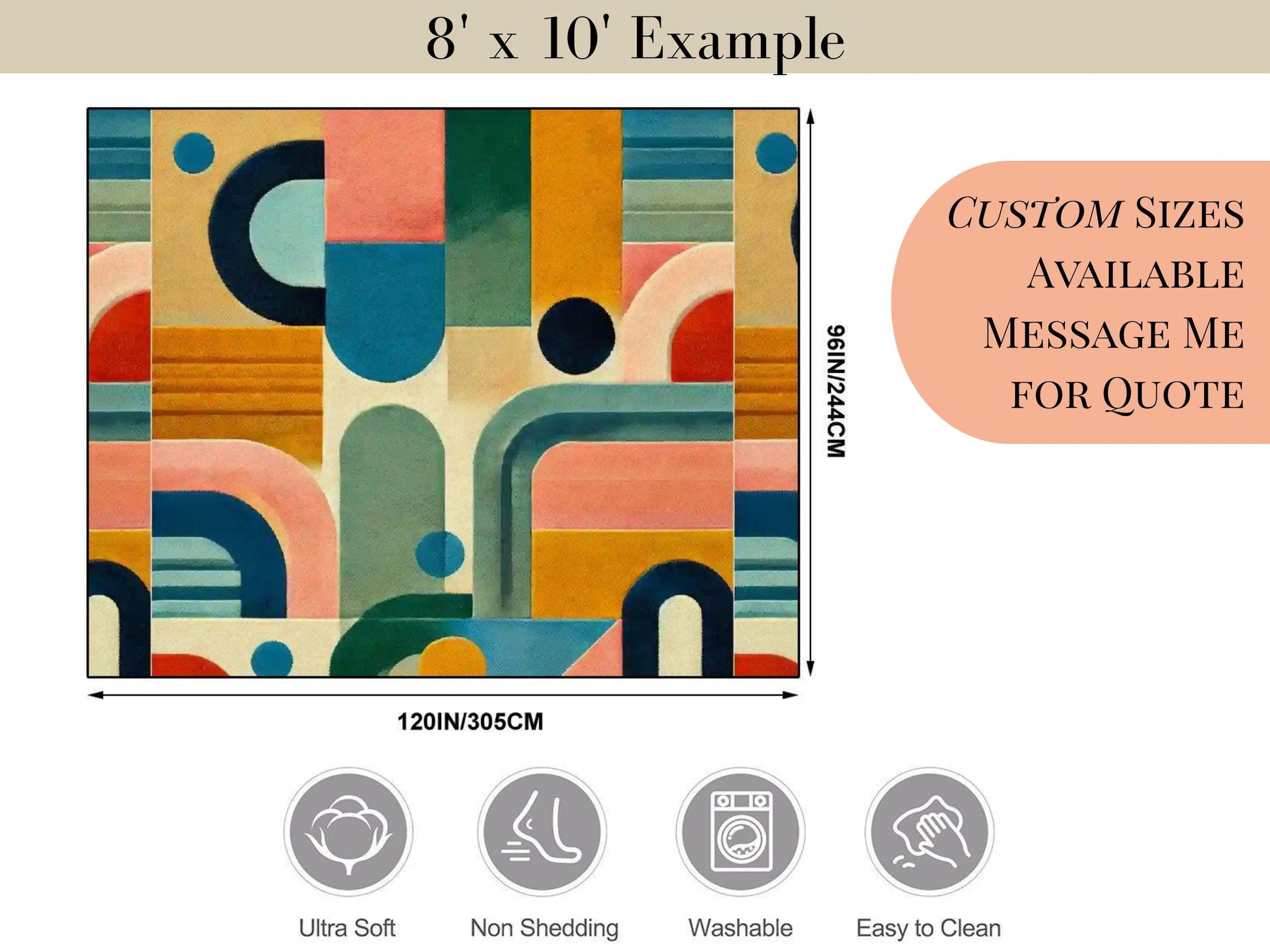 Large Area Rug Custom Size Midcentury Modern Living Room Rug Indoor MCM Design Carpet 96in x 120in Family Room Mid Mod Rug Soft Short Pile