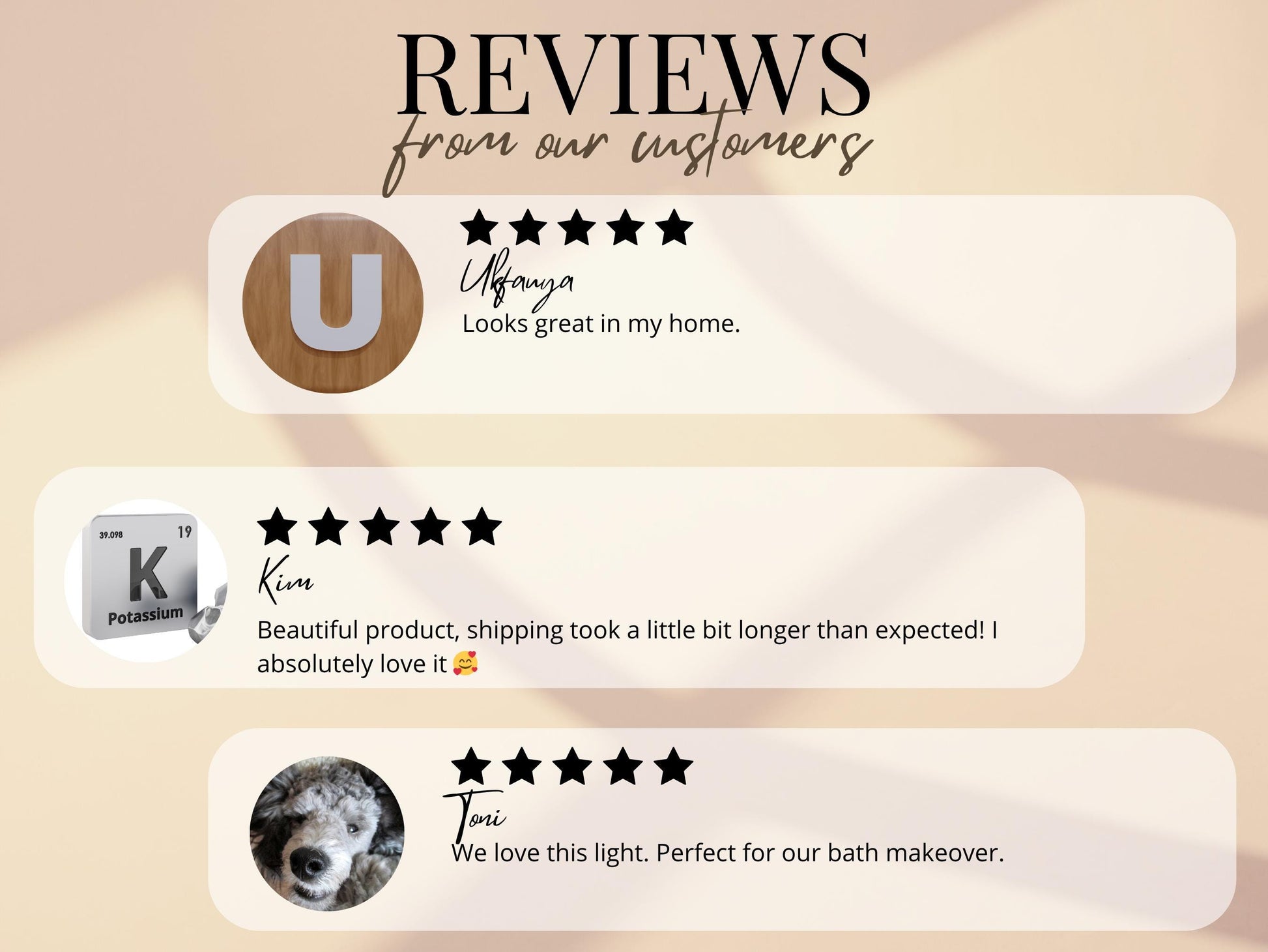 three reviews from customers, each with a rating and a description of a product or service. The reviews are from a company called "Ufaya" and are written in a casual, positive tone. The reviews are from customers who have purchased the product or service, and they express their satisfaction with the product or service.