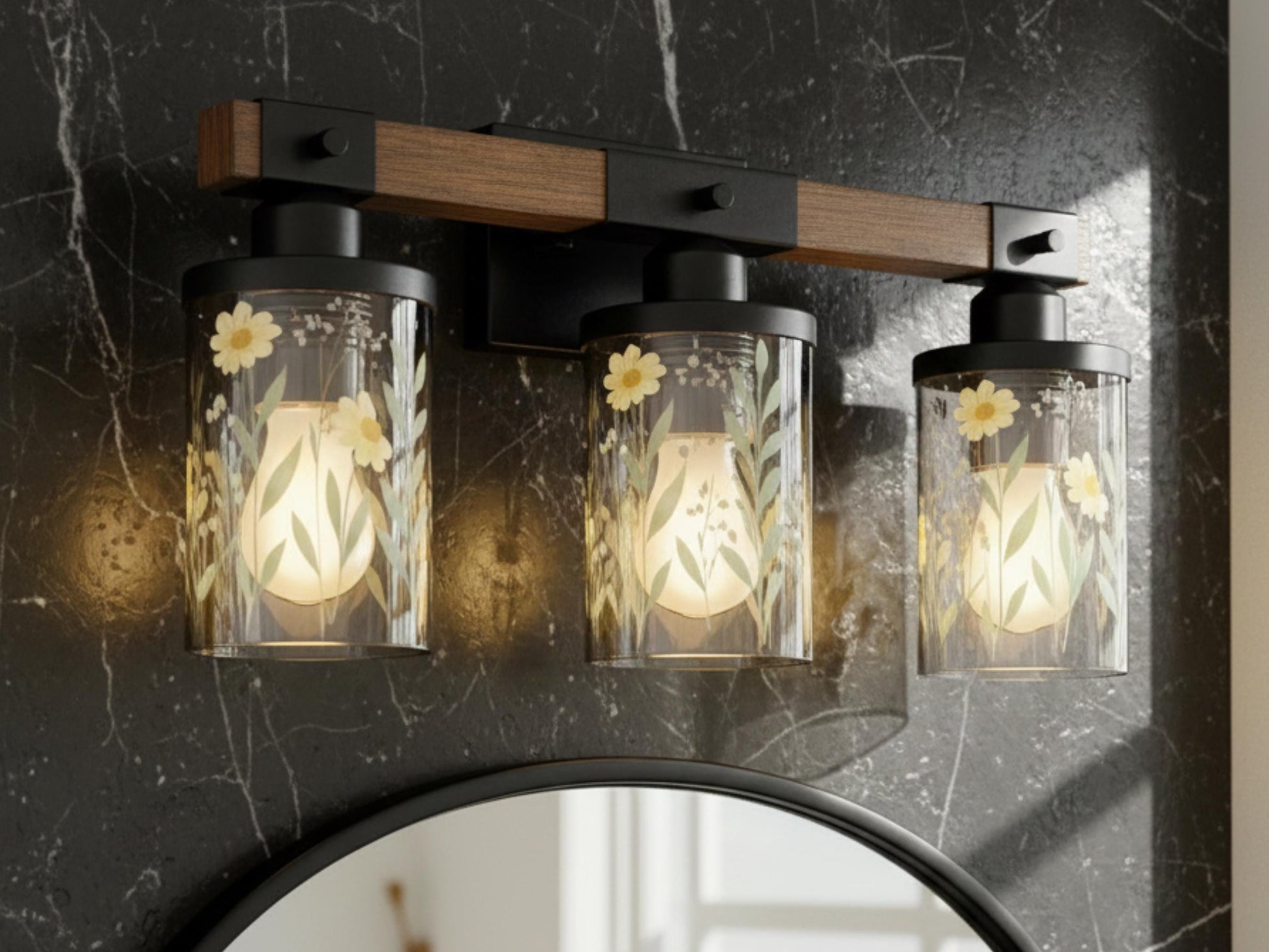 Luxury Bathroom Lighting Yellow Floral Vanity Light Fixture 3-Light Decorative Metal and Glass Restroom Light Garden Flower Over Sink Decor