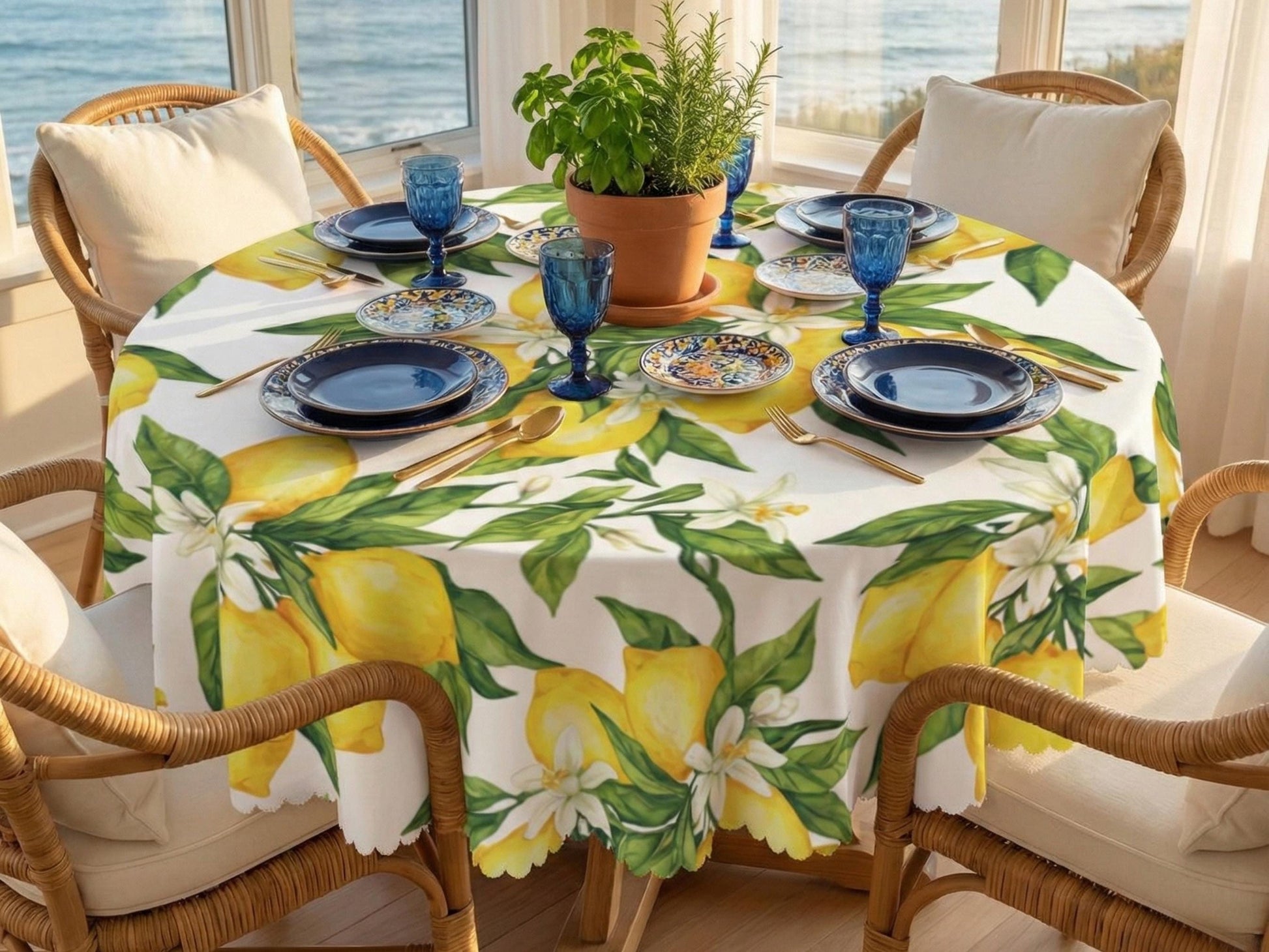 Tablecloth Lemon and Floral With Scalloped Edge Lace Detail Springtime Spill-Proof Lemons Washable Fabric Table Cloth For Family Dining