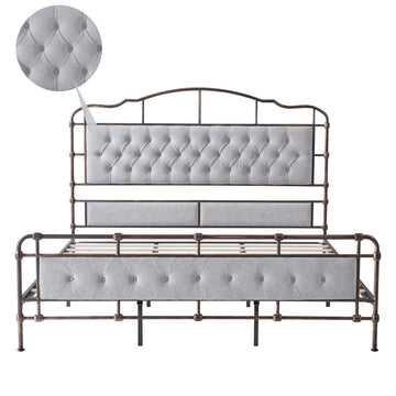 King Size, Metal Bedframe w/ Upholstery, Bronze