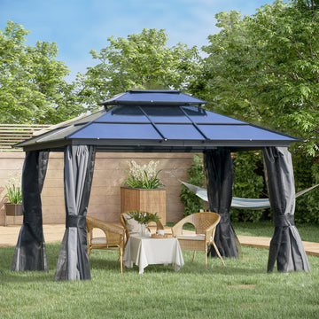 10' x 12' Hardtop Gazebo Canopy with Polycarbonate Double Roof, Aluminum Frame, Permanent Pavilion Outdoor Gazebo with Netting and Curtains for Patio, Garden, Backyard, Deck, Lawn, Gray