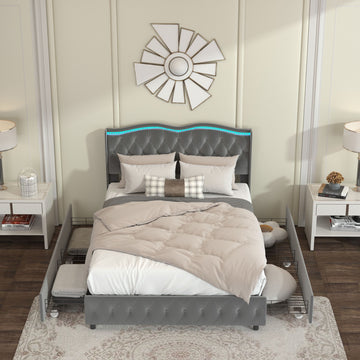 Full Platform Bed Frame , Velvet Upholstered Bed with Deep Tufted Buttons and Nailhead Trim, Grey