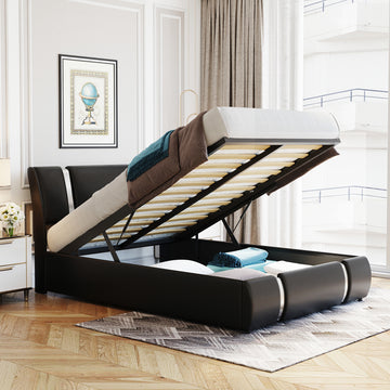 Full Size Upholstered Faux Leather Platform bed with a Hydraulic Storage System