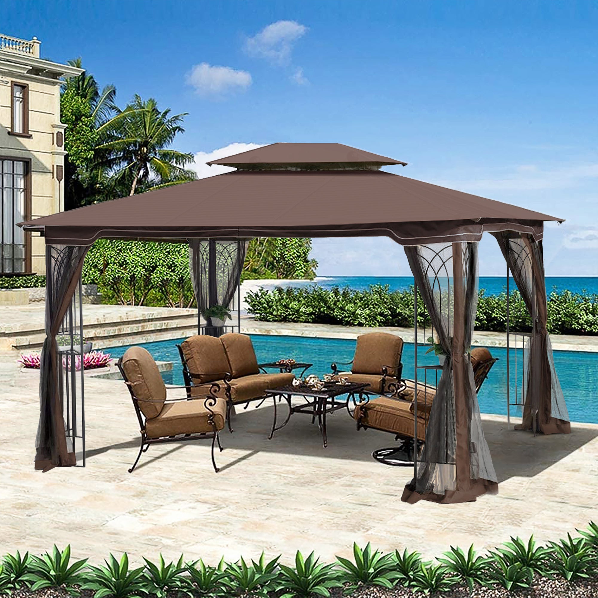13x10 Outdoor Patio Gazebo Canopy Tent With Ventilated Double Roof And Mosquito Net