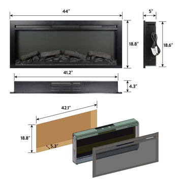 44 inch wall recessed electric fireplace with remote and Imitation Flame , LED light heater