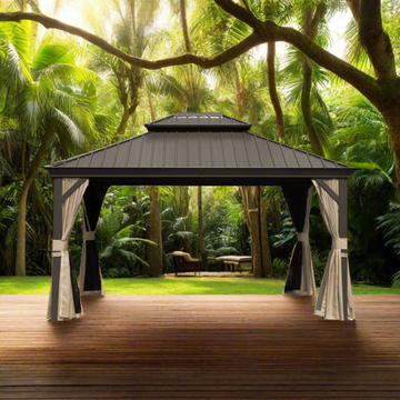 Hardtop Gazebo Outdoor Aluminum Gazebos Grill with Galvanized Steel Double Canopy for Patios and Backyard, with Curtains & Netting