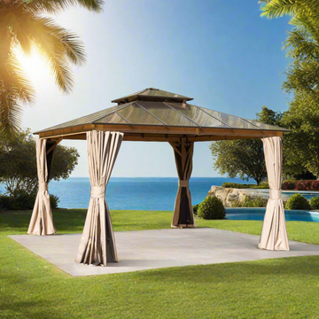 12'x12' Hardtop Gazebo, Permanent Outdoor Gazebo with Polycarbonate Double Roof, Aluminum Gazebo Pavilion with Curtain and Net for Garden, Patio, Lawns, Deck, Backyard(Wood-Looking)