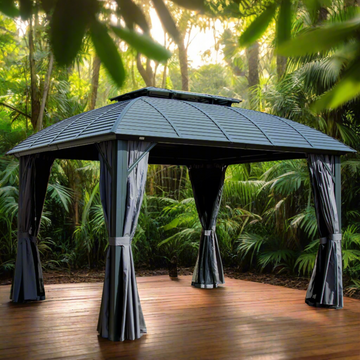 Outdoor Gazebo 10'x12', Permanent Hardtop Gazebo with Aluminum Frame for Patios Deck Backyard, Galvanized Steel Double Roof, Curtains and Netting for Lawns, Garden, Poolside