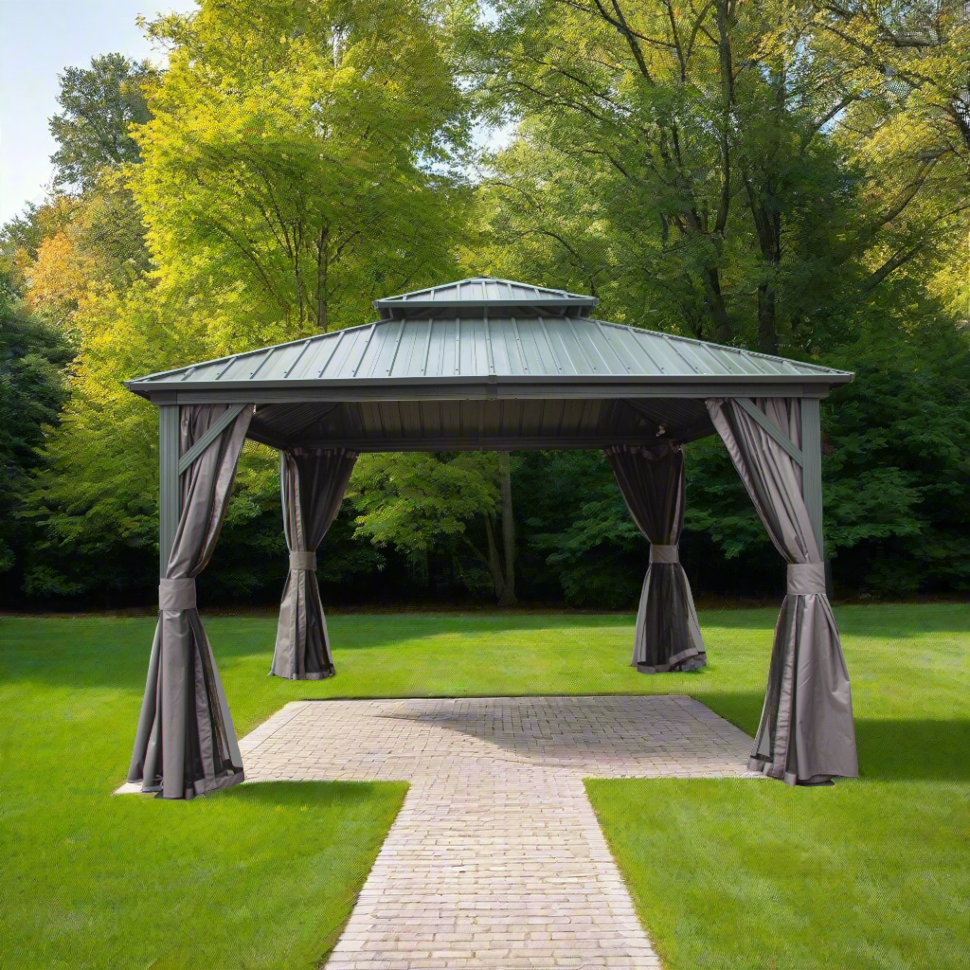 Hardtop Gazebo, Aluminum Metal Gazebo with Galvanized Steel Double Roof Canopy, Curtain and Netting, Permanent Gazebo Pavilion 12' X 12'