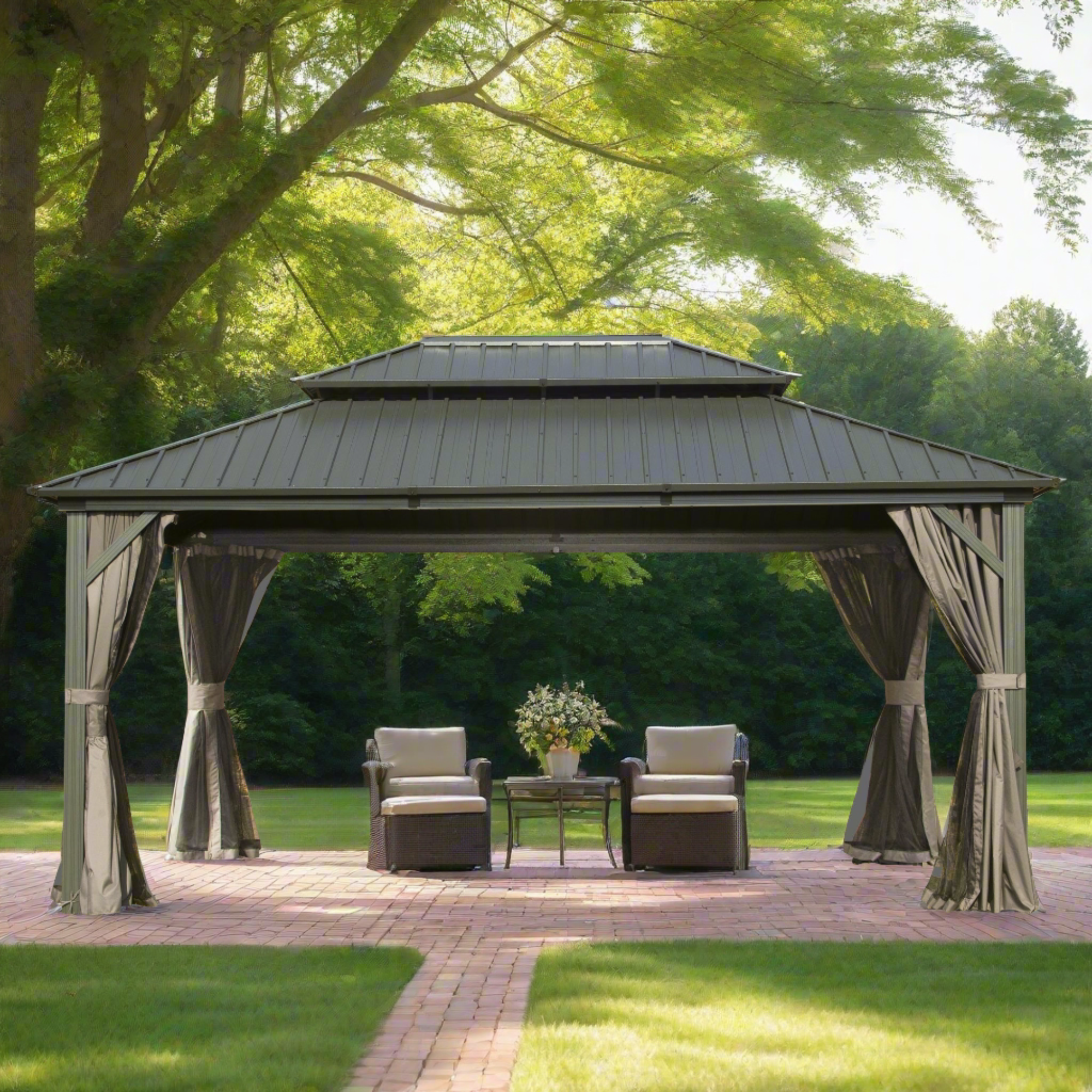 Hardtop Gazebo, Aluminum Metal Gazebo with Galvanized Steel Double Roof Canopy, Curtain and Netting, Permanent Gazebo Pavilion 12' X 16'