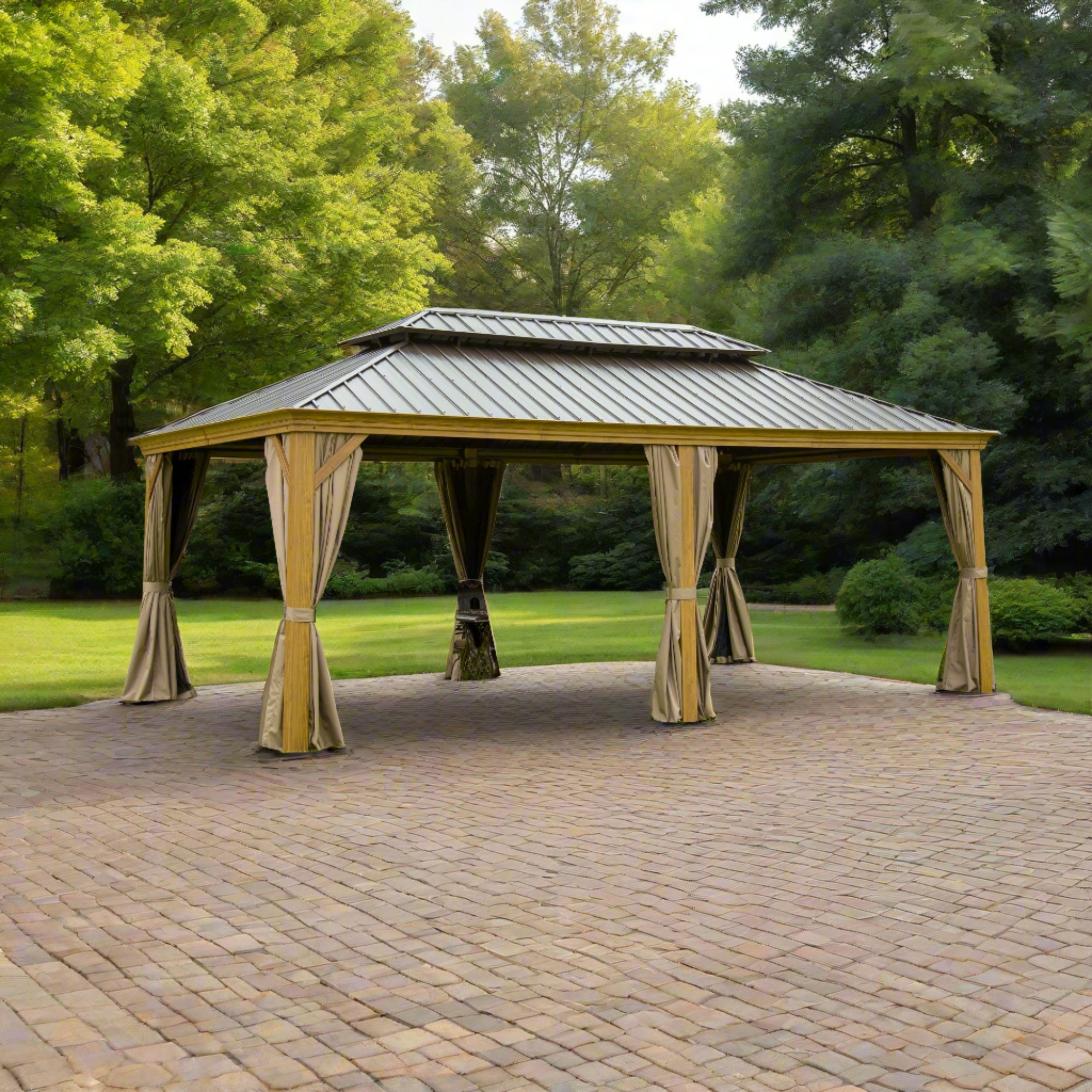 Hardtop Gazebo Outdoor Aluminum Wood Grain Gazebos with Galvanized Steel Double Canopy 12'x20'
