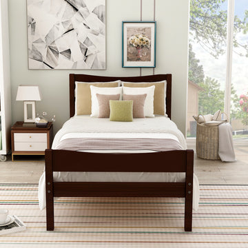 Twin Size Wood Platform Bed with Headboard and Wooden Slat Support