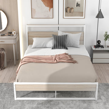 Queen Size Metal Platform Bed Frame with Sockets;  USB Ports and Slat Support ; No Box Spring Needed