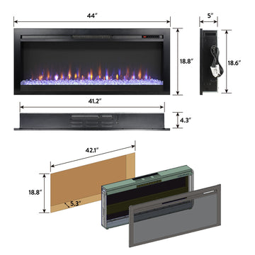 44 inch in wall recessed electric fireplace with remote and multi color flame & emberbed, LED light heater