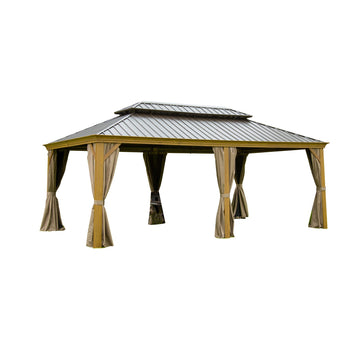 Hardtop Gazebo Outdoor Aluminum Wood Grain Gazebos with Galvanized Steel Double Canopy 12'x20'