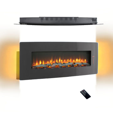 48 inch Curved Front Wall Mounted Electric Fireplace with remote and multi color flame & emberbed