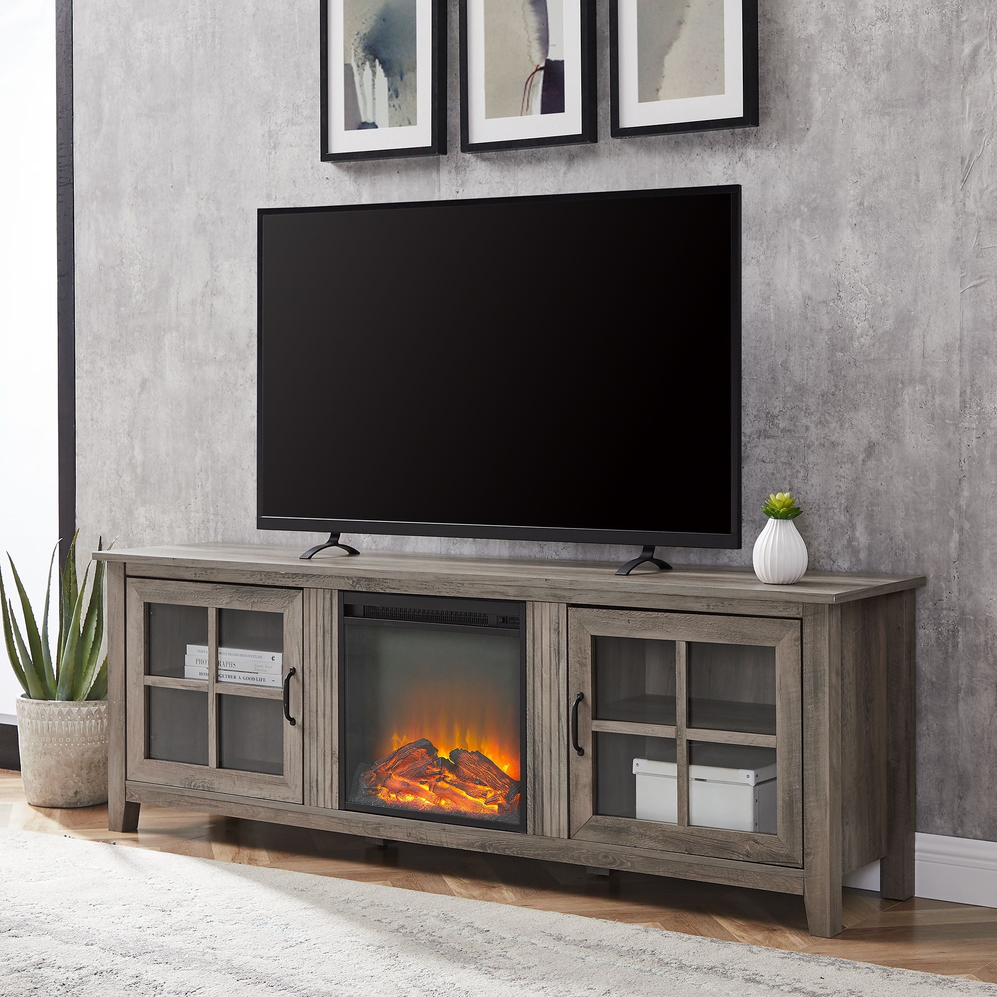 Modern Farmhouse 2-Door Glass Windowpane 70" Fireplace TV Stand for 80" TVs - Grey Wash