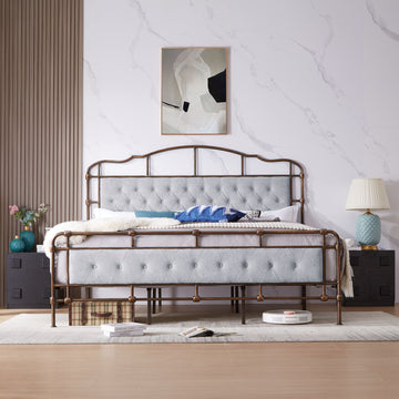 King Size, Metal Bedframe w/ Upholstery, Bronze