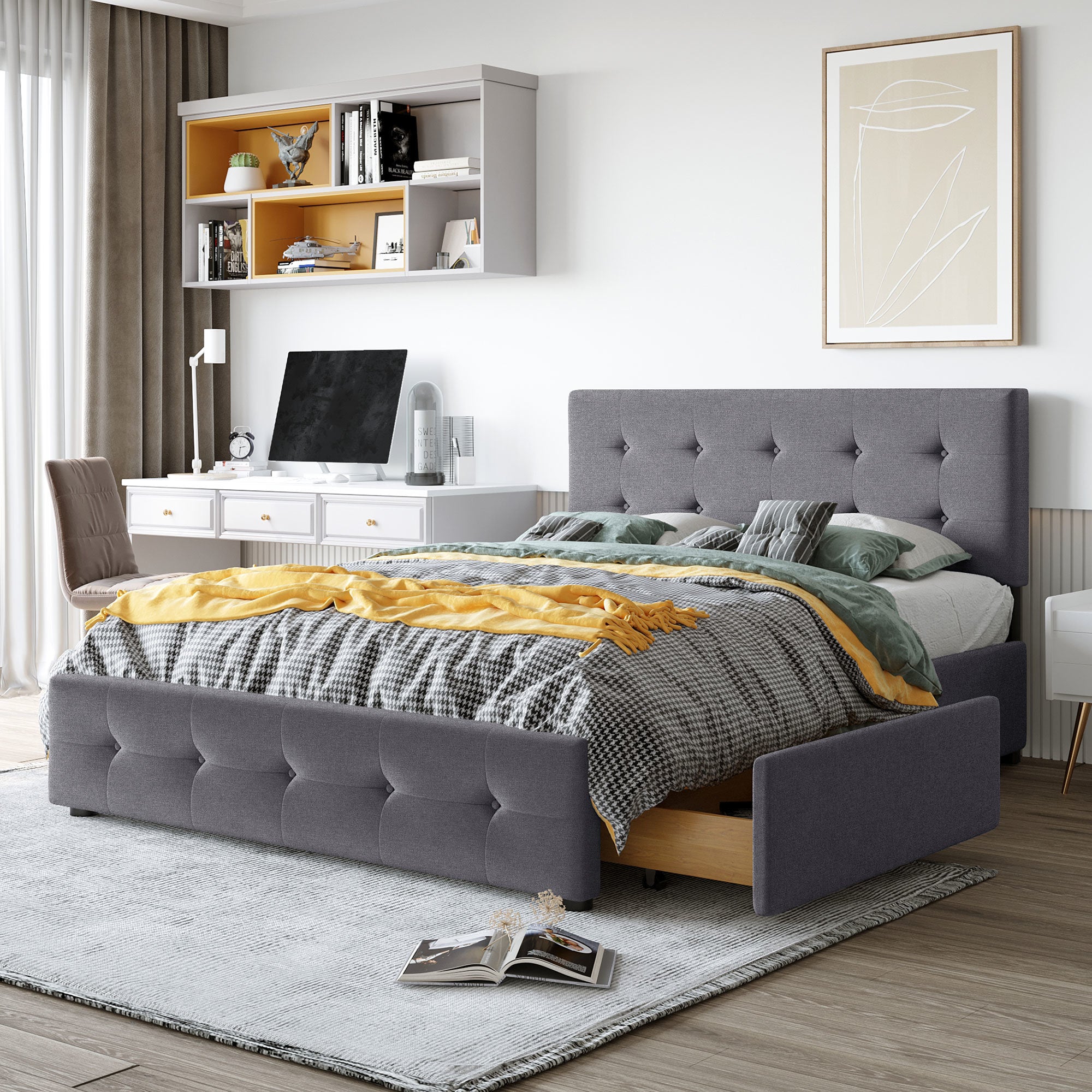 Upholstered Platform Bed with Classic Headboard and 4 Drawers; No Box Spring Needed; Linen Fabric; Dark gray