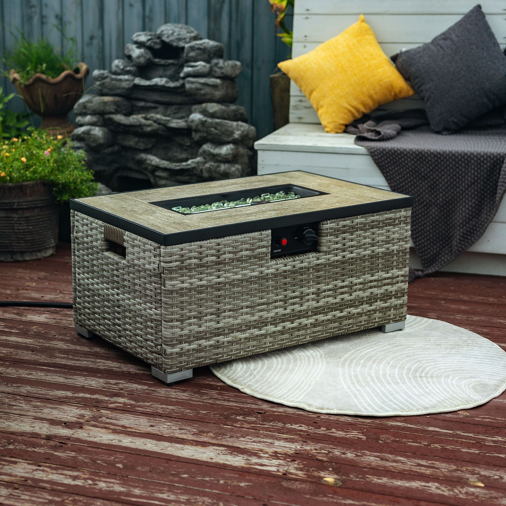 Beige Rattan Fire Pit Table with Tank Holder and Ceramic Tile Tabletop