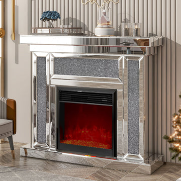 Mirrored Electric Fireplace 7 Colors Adjustable 3D Flame with Mantel, Remote Control, Silver