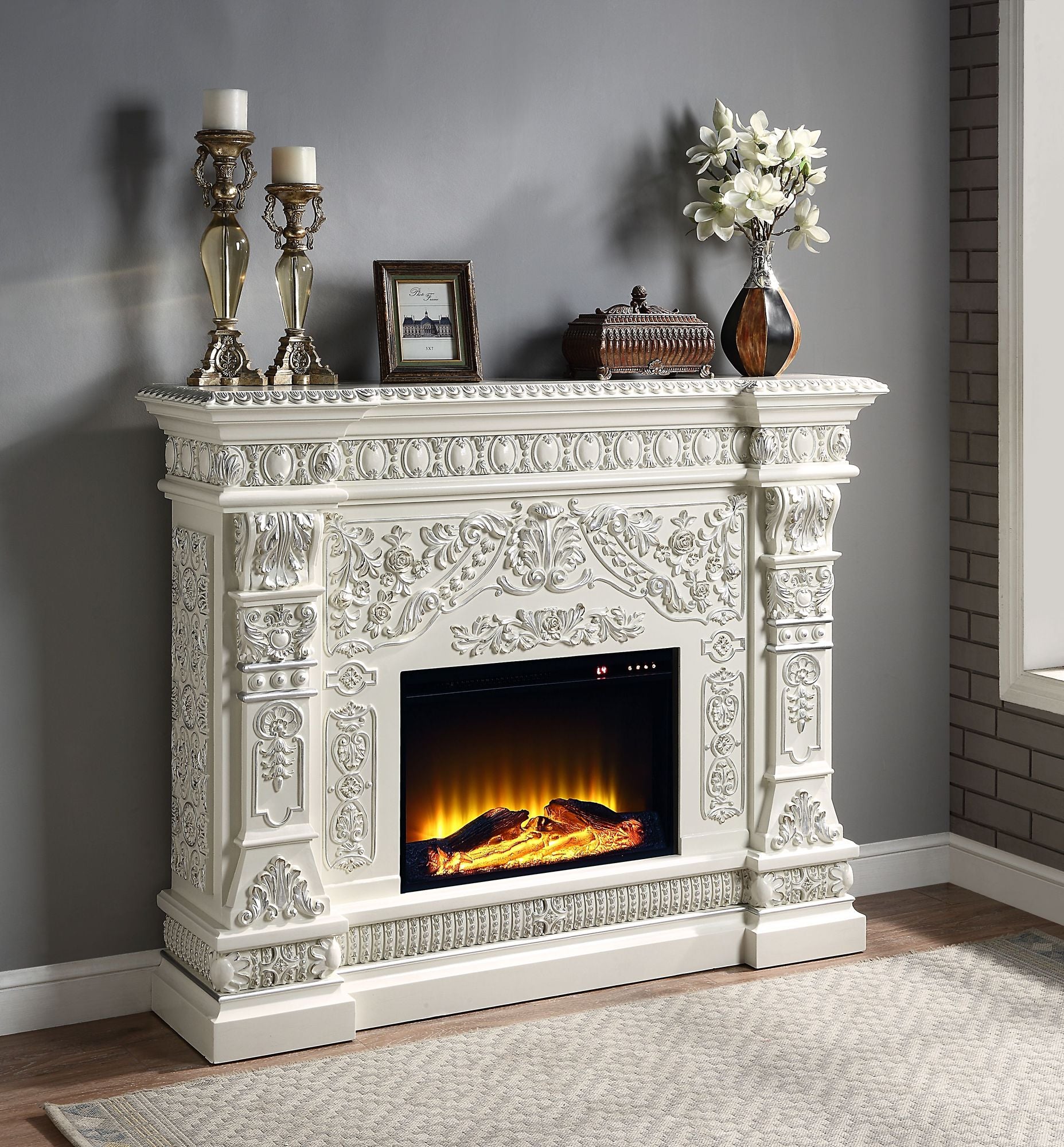 ACME Vanaheim Fireplace - Antique White Finish