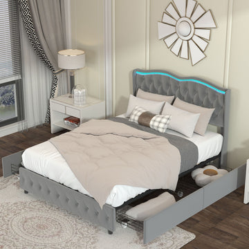 Full Platform Bed Frame , Velvet Upholstered Bed with Deep Tufted Buttons and Nailhead Trim, Grey