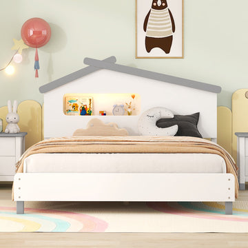 Full Size Wood Platform Bed with House-shaped Headboard and Motion Activated Night Lights (White+Gray)