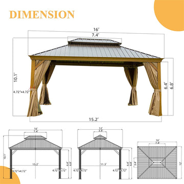 12'x16' Hardtop Gazebo Outdoor Aluminum Wood Grain Gazebos with Galvanized Steel Double Canopy, Curtains & Netting