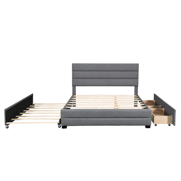 Queen Upholstered Platform Bed with Twin Size Trundle and Two Drawers