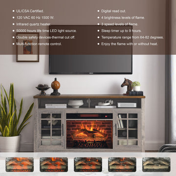 55 inch TV Media Stand with Electric Fireplace KD Inserts Heater, Gray Wash Color