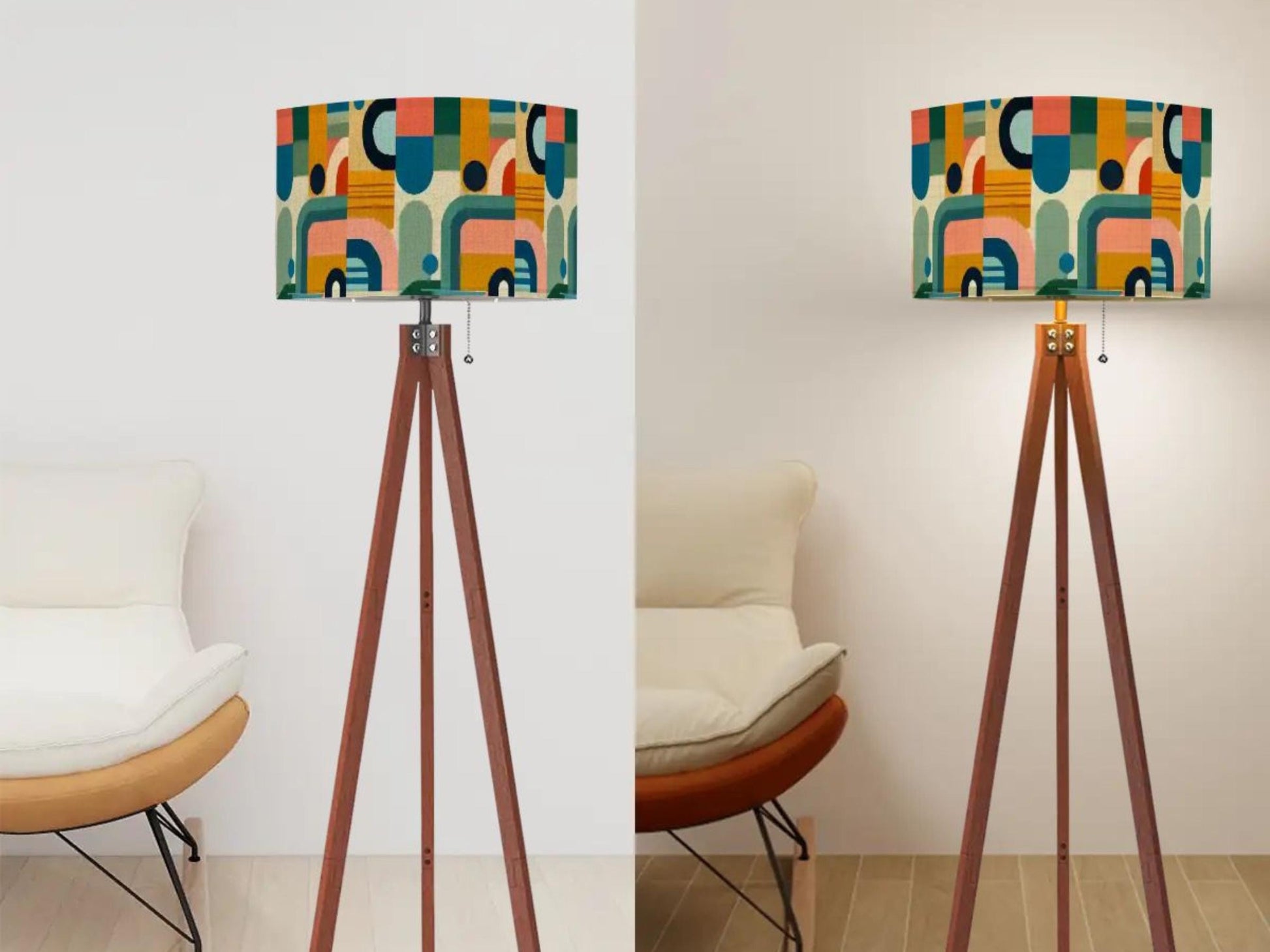 Mid Century Modern Tripod Floor Lamp Wood Base Housewarming Gift Living Room Lighting Decor Abstract Shape Orange Floor Lamp Gifting Idea
